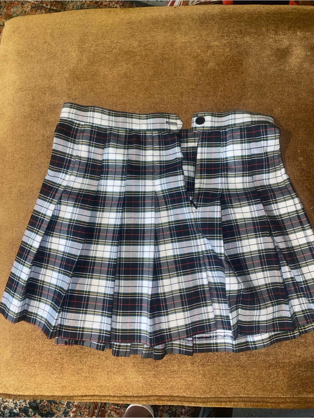 Los Angeles Apparel White, Navy, Green, and Red Plaid Pleated Mini Skirt